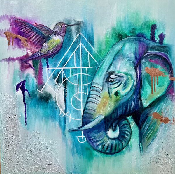 Kolibri und Elefant Ölgemälde Kolibri und Elefant Krafttiere Ölgemälde